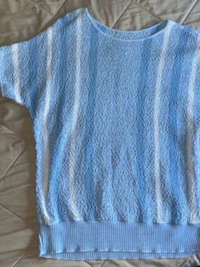 Vintage White/Light Blue Textured Knitted Short Sleeve Sweater Top